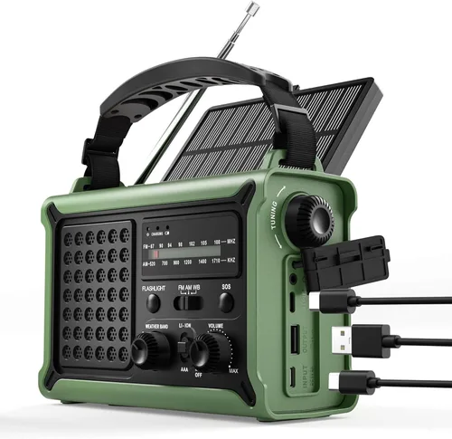 Radio de emergencia meteorológica con energía solar y manivela – AM/FM/NOAA, linterna LED, luz de lectura, carga USB y SOS – Equipo de supervivencia