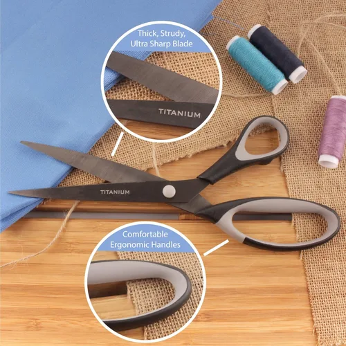Miniatura 45 de BambooMN Juego de tijeras de titanio Softgrip para costura, arte, manualidades, oficina, 1 juego de 3 unidades, rojo con incrustaciones negras 3