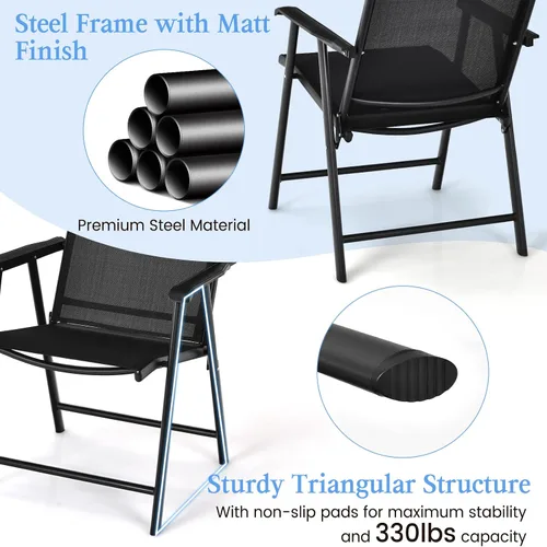 Miniatura 5 de Tangkula Juego de 2 sillas plegables para patio, sillas de comedor de tela para exteriores con respaldo alto y reposabrazos, marco de metal Negro