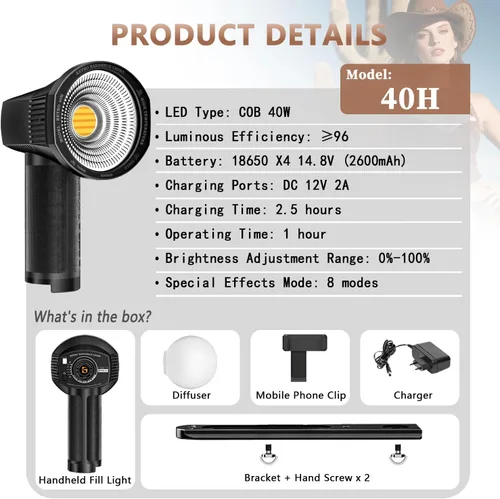 Miniatura 8 de LENSGO Luz de cámara retro 40H, 40 W bicolor 2700K-7000K CRI 96+ luz de video, 2600 mAh, 8 modos de luz, brillo ajustable y temperatura
