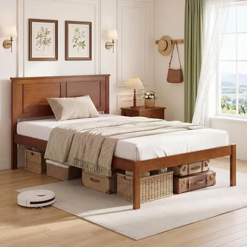 Miniatura 3 de Giantex Marco de cama de madera individual con cabecero, plataforma moderna de mediados de siglo con soporte de listones de madera, base de colchón