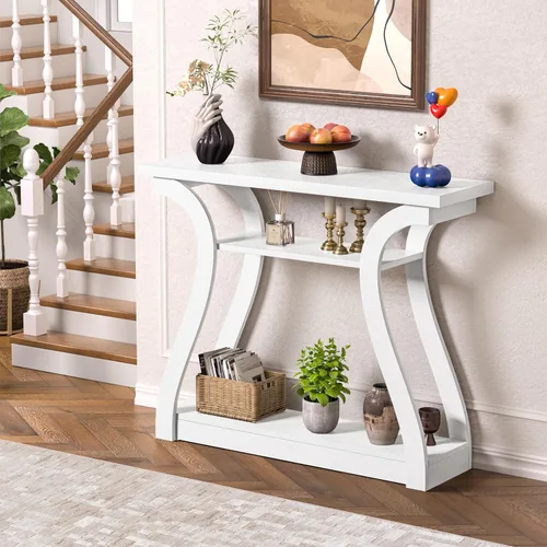 Miniatura 9 de Mesa consola de madera con patas curvadas y estante, mesa de sofá moderna de 3 niveles para zona de entrada, sala de estar, pasillo, 47 pulgadas