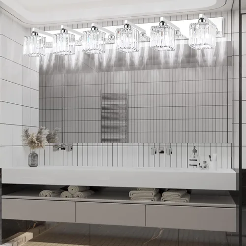 Miniatura 5 de Aipsun Lámparas de tocador de baño, 6 luces, cromadas, para baño, accesorios de iluminación de tocador de cristal (excluye bombilla)