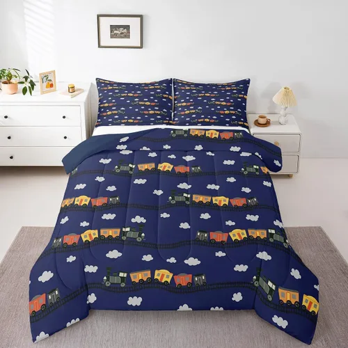 Miniatura 11 de Erosebridal Juego de edredón de tren de locomotora para niños, tamaño individual, lindo juego de ropa de cama con motor de vapor para niños y niñas