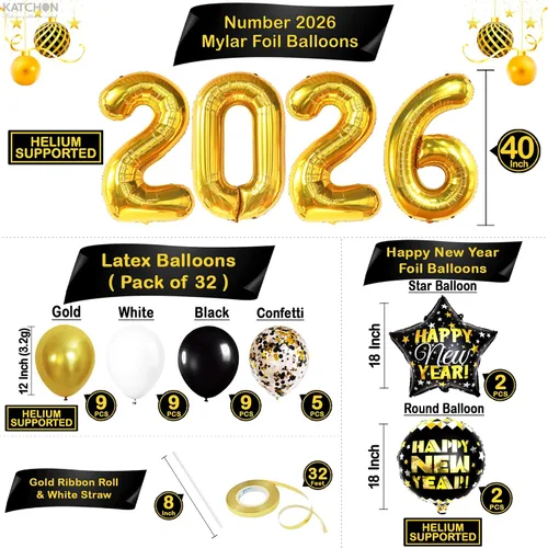 Miniatura 2 de KatchOn, Juego de Decoraciones Gigantes de Año Nuevo 2026 - Paquete de 44 Bandera de Feliz Año Nuevo Oro y Negro, Números de Globos 2026 Globos
