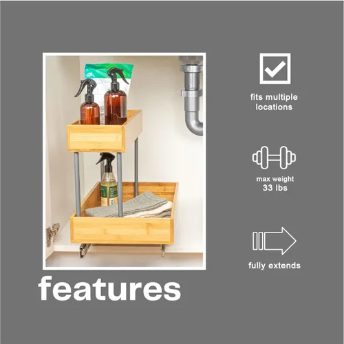 Miniatura 9 de Household Essentials Glidez - Organizador de almacenamiento extraíble de acero y bambú para uso debajo del fregadero o gabinete, diseño de 2