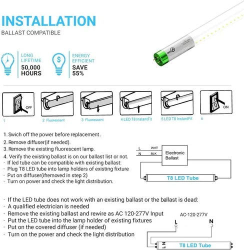 Miniatura 4 de LEDMyplace18W - Tubo de luz LED híbrida de 4 pies, 6500 K, luz blanca diurna, 2400 lúmenes, lente transparente, extremo único o doble T8, reemplazo
