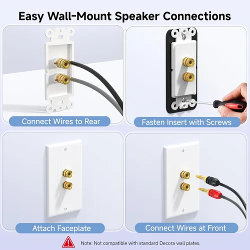 Miniatura 6 de Cable Matters Paquete de 2 placas de pared de alambre para altavoz, placa de pared de altavoz chapada en oro con poste de encuadernación de enchufe