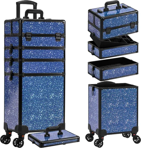 Miniatura 12 de AROUS Estuche de Maquillaje Rodante 5 en 1, Estuche de Cosmetología con Ruedas, Organizador de Cosméticos Grande, Carro de Viaje para Peluquero