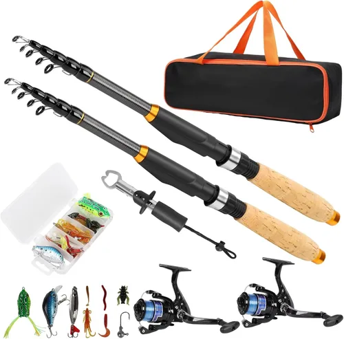 Fishing Rod and Reel Combo, 2PCS Telescopic Fishing Pole with Spinning Reel Lures Set,Fish Lip Gripper and Tackle Bag, Saltwater Freshwater