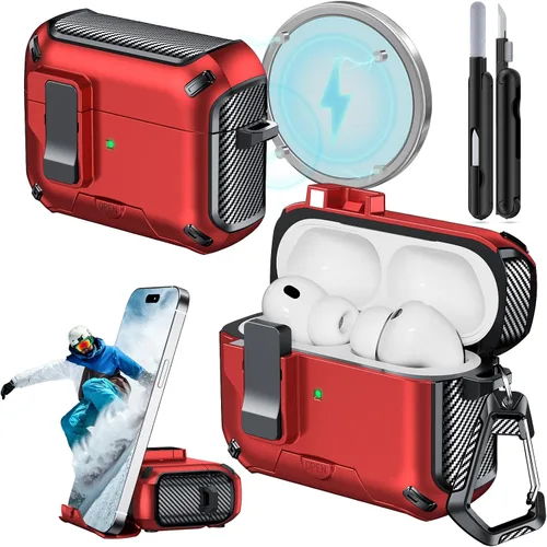 Miniatura 16 de Funda para AirPods Pro 2 (2023/2022/2019) con soporte para teléfono, (con interruptor a presión automático), diseño de fibra de carbono, cubierta