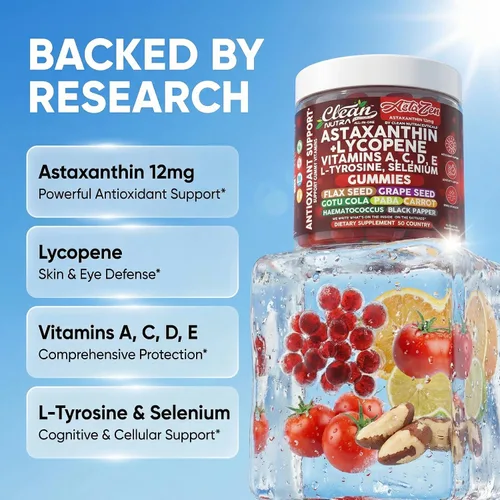 Miniatura 3 de Clean Nutraceuticals AstaZen - Gomitas de astaxantina de 12 mg - con licopeno, vitaminas A C D E, L-tirosina y selenio - Gomitas de apoyo