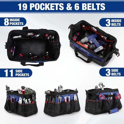 Miniatura 4 de WORKPRO - Bolso de herramientas de 16 pulgadas con abertura ancha, tela resistente con base moldeada impermeable, correa de hombro ajustable Azul