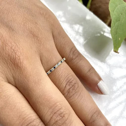 Miniatura 6 de Blue Sapphire & White Diamond Half Eternity Wedding Band For Women, 14k Gold Finish Sapphire Wedding Band, Ladies Alternate Diamond Ring