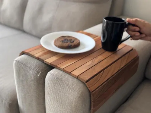 Miniatura 9 de Vesta Homes Bandeja para reposabrazos de sofá, madera de acacia premium, bandeja de sofá flexible y plegable, mesa de brazo y reposabrazos, adecuada