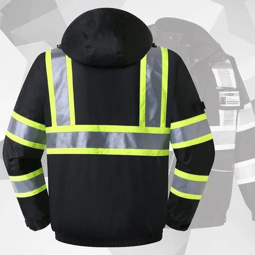 Miniatura 7 de JKSafety Chaqueta bomber de invierno reflectante 3M impermeable de alta visibilidad con 10 bolsillos, color negro, bolsillo seguro para tableta