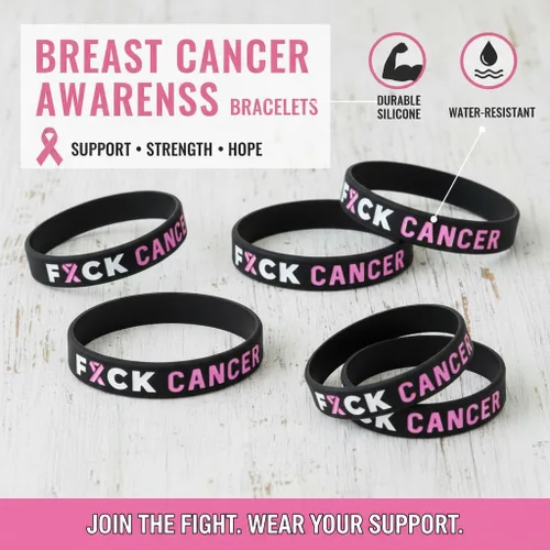 Miniatura 3 de Fuck Cancer Pulseras con cinta rosa para concienciar sobre el cáncer de mama (paquete de 6) – Paquete a granel de 6 pulseras de cáncer Fck