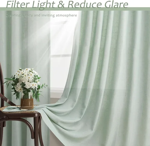 Miniatura 6 de Aersas Aqua Green Linen Curtains 84 Inches Long 2 Panels Set Back Tab Rod Pocket Living Room Curtain Farmhouse Rustic Light Filtering Hook Drapes