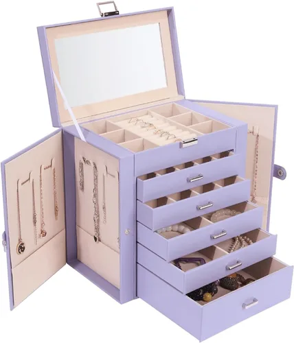 BOOVO Joyero para mujer, organizador de joyas grande de 6 capas con espejo, caja de almacenamiento multifunción con cerradura, soporte para