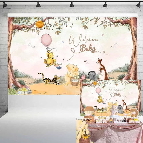 Miniatura 5 de Welcome Baby Pooh Bear - Telón de fondo clásico verde para baby shower, decoración de fiesta de cumpleaños de recién nacido, 7 x 5 pies, 166