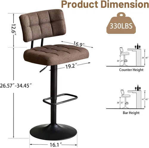 Miniatura 3 de Juego de 2 taburetes de bar giratorios de altura ajustable, taburetes de barra de tela de lino sin brazos con reposapiés para cocina, hogar, bar