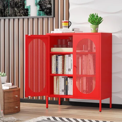 Miniatura 13 de Armario de almacenamiento de metal con 2 puertas de malla para sala de estar, hogar, hotel, oficina, garaje, cocina, 3 niveles, 2 estantes Negro