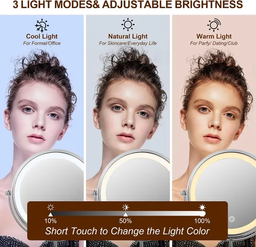 Miniatura 2 de JANEEVA Espejo de maquillaje iluminado 10X con 3 modos de iluminación, luces regulables de 8 pulgadas, espejo de tocador ajustable en altura