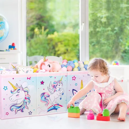 Miniatura 5 de WERNNSAI Cofre de juguetes extra grande – Caja de juguetes de unicornio organizadora de pecho con tapa abatible, contenedor de almacenamiento