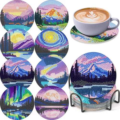 Miniatura 15 de UPINS 8 piezas de kits de pintura de arte de diamante con mandala, posavasos de arte de diamante con soporte, kits de arte de diamante Mandala azul