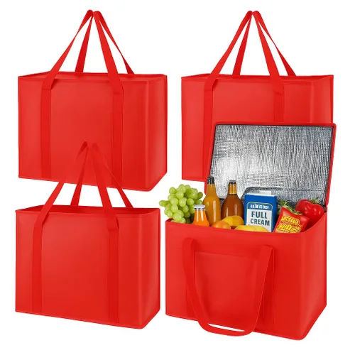 musbus Paquete de 4 bolsas de compras aisladas XL, rojas, bolsa refrigeradora, cremallera, plegables, bolsa de mano, frío y caliente, para Rojo