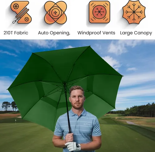 Miniatura 7 de Paraguas de golf extragrande de 62, 68 y 72 pulgadas, con doble dosel ventilado, resistente al viento, impermeable, de apertura automática