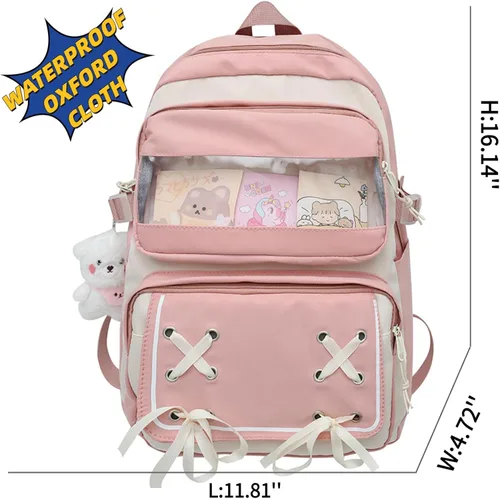 Miniatura 7 de Mochila Kawaii con bonitos accesorios para portátil de 15.6 pulgadas, mochila de viaje casual, bolsa estética para regalo de nuevo semestre, 01-rosa