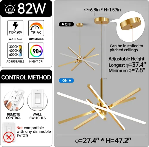 Miniatura 3 de Lámpara de araña Sputnik moderna de techo LED dorada de 82W, luz colgante de montaje empotrado, lámparas de araña para comedor, luminarias sobre 5