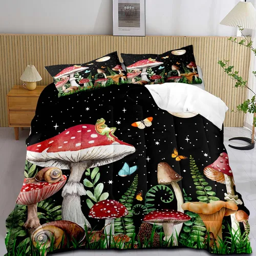 LUVIVIHOME Juego de edredón de 2 piezas de hongos trippy rojos, tamaño individual, ropa de cama para niños y niñas, plantas botánicas verdes,
