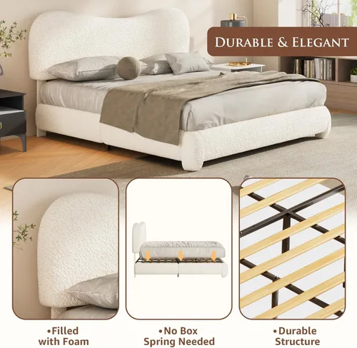 Miniatura 7 de Kelway Base de cama tamaño Queen Boucle tapizada con cabecera ajustable curvada, no necesita somier, color beige
