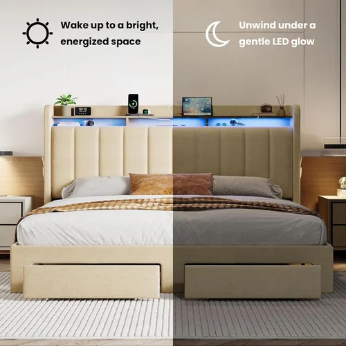 Miniatura 7 de SHA CERLIN Base de cama de plataforma de tamaño matrimonial con cabecera de canal vertical copetuda y 2 cajones de almacenamiento, estantes de 2