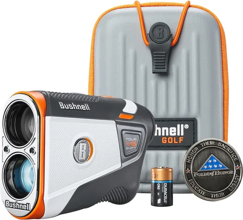 Miniatura 2 de Bushnell Tour V6 Golf Rangefinder Bundle – PinSeeker con Visual JOLT, BITE soporte magnético – Incluye toalla de microfibra PlayBetter y batería CR2