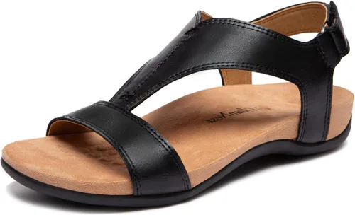 Sandalias ortopédicas para mujer con puntera abierta, correa en T, sandalias planas ortopédicas con soporte para el arco y correas ajustables,