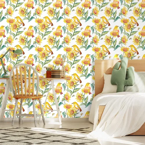 Miniatura 3 de VaryStyle Papel tapiz vintage de girasol de 17.7 x 118 pulgadas, acuarela amarillo brillante/verde, pájaros florales, despegar y pegar, papel