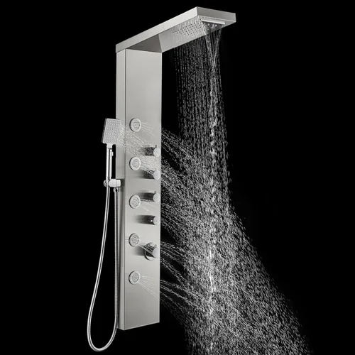 Miniatura 9 de ROVOGO Sistema de Torre de Panel de Ducha con Ducha de Lluvia Cascada, 5 Chorros Corporales y Mango de 3 Configuraciones, Columna de Ducha de Acero
