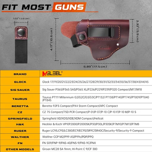 Miniatura 3 de IWB/OWB - Funda de cuero universal para pistola oculta para hombres y mujeres, compatible con Glock 17/19/23/26/42/43X Taurus G2/G2C/G3C Sig
