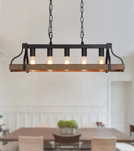 Miniatura 10 de MEIXISUE Lámpara rústica para isla de cocina, comedor, candelabro lineal estilo granja, acabado negro y madera retro, 4 luces, lámpara colgante