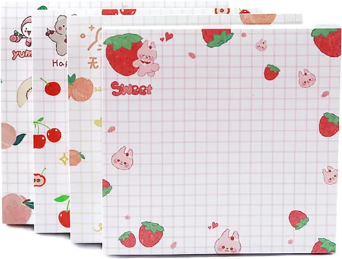 4 paquetes de notas adhesivas bonitas Notas adhesivas kawaii para memos, 3.1x3.1 pulgadas, notas adhesivas coloridas con frutas para niñas, para