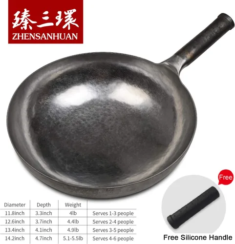 Miniatura 4 de ZhenSanHuan - Woks chinos de hierro martillado a mano y sartenes para freír, antiadherentes, sin revestimiento, acero al carbono