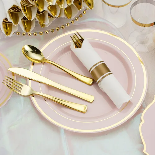 Miniatura 7 de Juego de 50 cubiertos de plástico dorado preenrollados con servilletas, juego de cubiertos desechables envueltos resistentes para bodas, fiestas