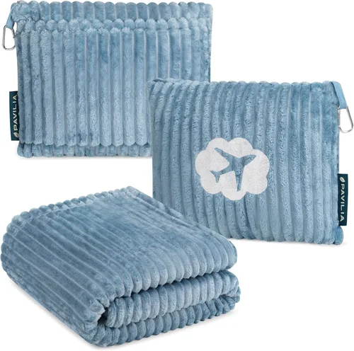 Miniatura 9 de PAVILIA Manta de viaje y almohada, suave manta de avión de forro polar acanalado con bolsa, manta compacta de avión plegable de 65 x 40 pulgadas