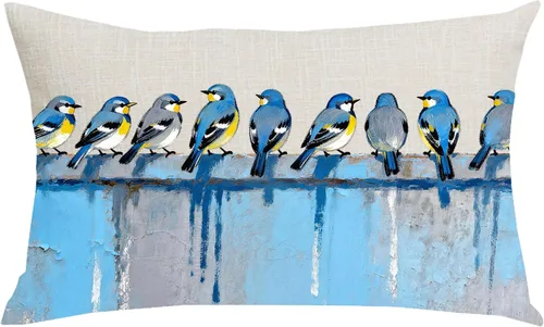 Funda de almohada decorativa de algodón y lino con pintura al óleo, acuarela, pájaros azules, primavera, verano, hogar, sofá, silla, decoración de