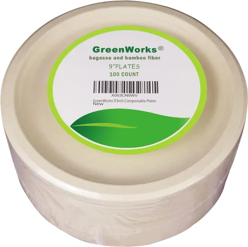 Miniatura 3 de GreenWorks 100 unidades de platos compostables resistentes de 9", platos de papel de bagazo y bambú biodegradables no blanqueados