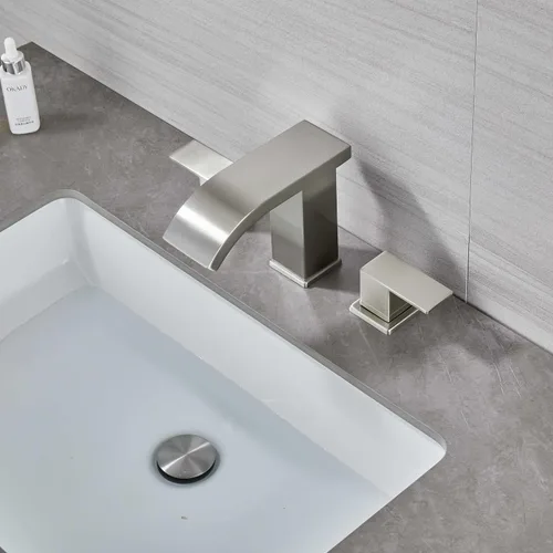 Miniatura 6 de Grifos de baño generalizados con luz LED para fregadero de 3 agujeros, cascada - Grifo de baño con ensamblaje de drenaje emergente, grifo