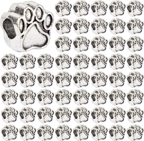 AUEAR, Paquete de 100 dijes vintage de plata con diseño de pata de gato con agujero grande, cuentas espaciadoras sueltas para hacer joyas